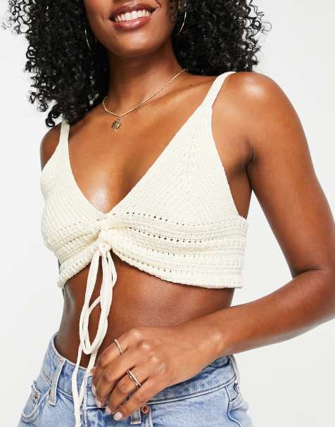 ASOS DESIGN crochet halter triangle bikini top in multi colour