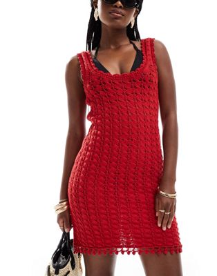 Stradivarius Crochet Mini Dress In Red