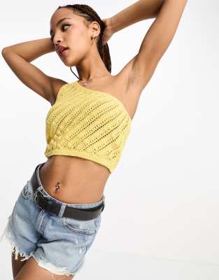 Stradivarius Crochet One Shoulder Top In Yellow