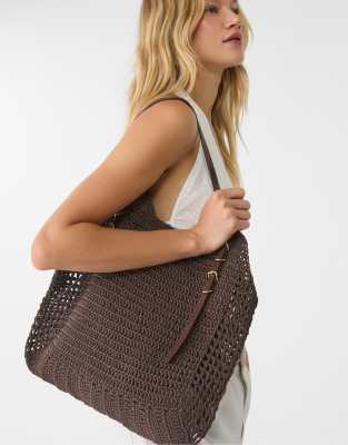 Stradivarius crochet shoulder bag in brown - view 1