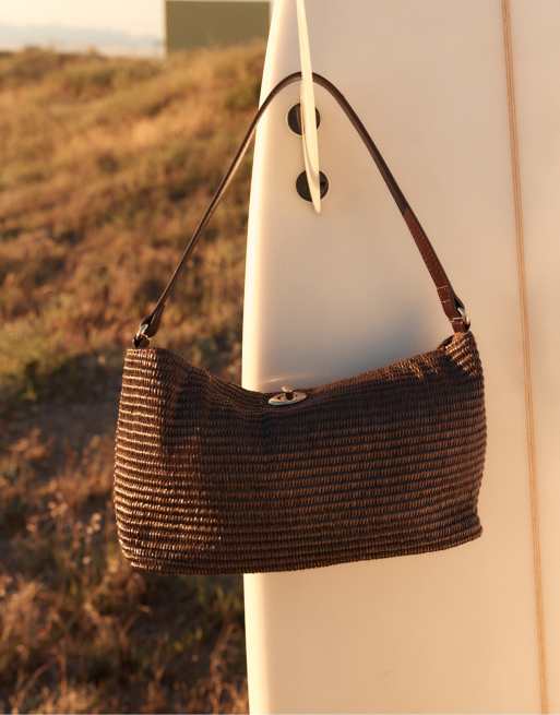 Stradivarius Crochet shoulder bag with metal fastening in brown, 5 of 5