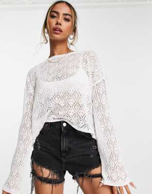 Stradivarius Crochet Sweater With Flared Sleeve In Ecru-white | ModeSens