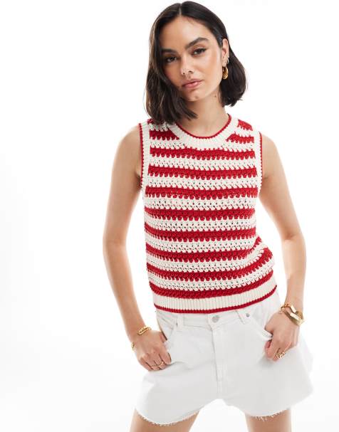 Stradivarius crochet tank top in red stripe - view 1