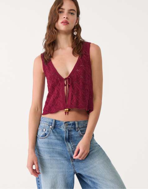 Stradivarius crochet vest with drawstrings in burgundy - view 1