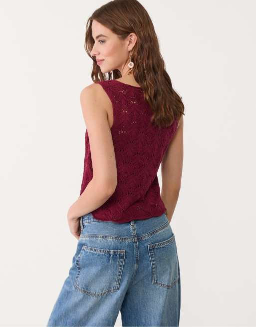 Stradivarius crochet vest with drawstrings in burgundy, 2 of 4