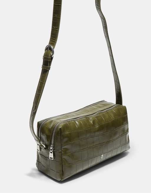 Stradivarius Crocodile-effect rectangular crossbody bag in khaki, 4 of 4