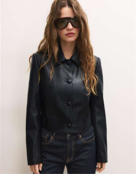 Stradivarius Crop leather effect blazer in black - view 1