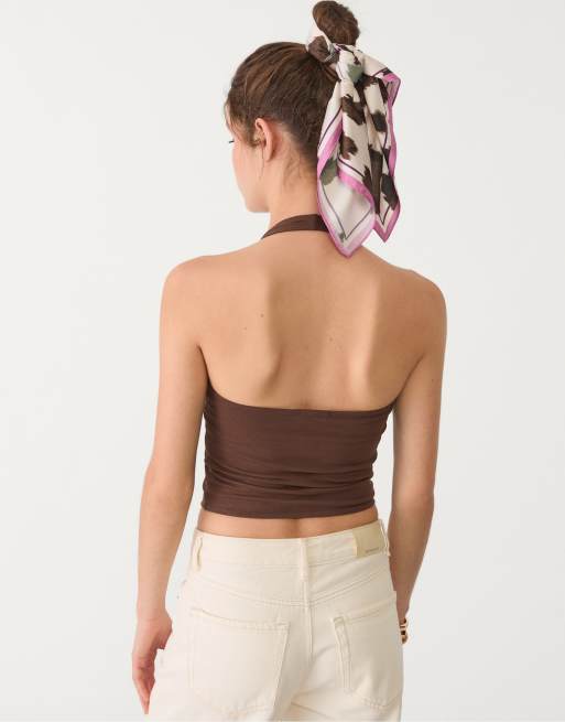 Stradivarius - Crop top allacciato al collo marrone, 2 di 4