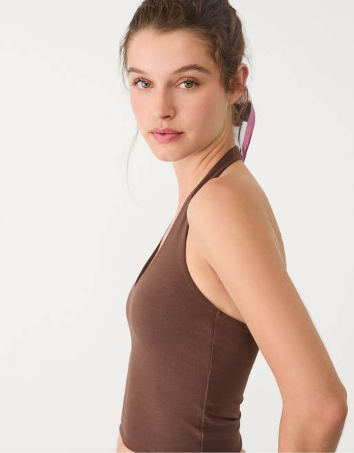 Stradivarius - Crop top allacciato al collo marrone, 4 di 4