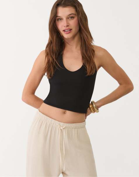 Stradivarius - Crop top nero allacciato al collo - view 1