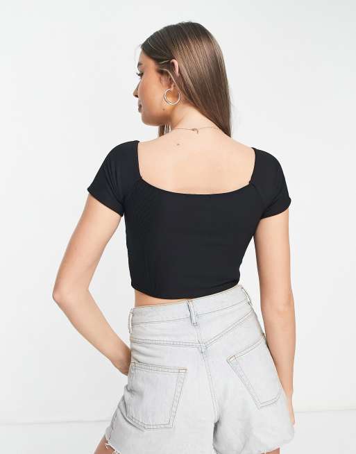 Stradivarius - Crop top sans coutures à manches courtes et encolure carrée - Noir  , 2 de 4