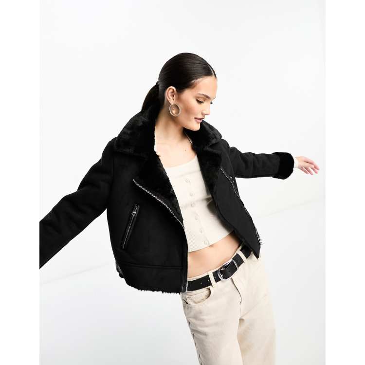 Stradivarius cropped aviator jacket in black