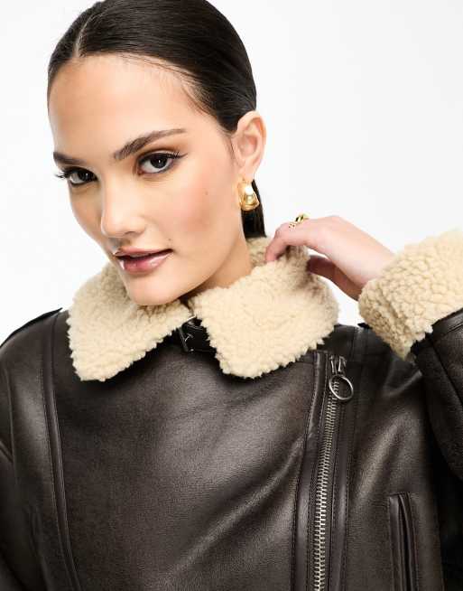 Stradivarius cropped aviator jacket in brown