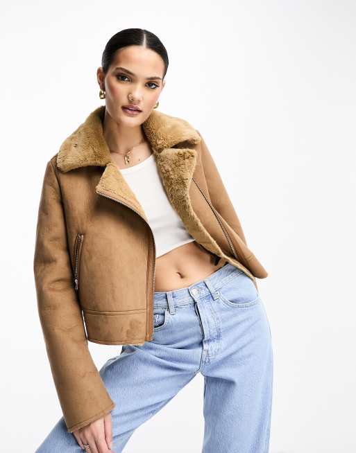 Stradivarius cropped aviator jacket in brown