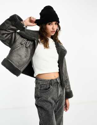 Stradivarius cropped aviator jacket in dark grey