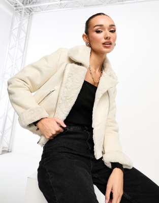 Stradivarius cropped aviator jacket in ecru