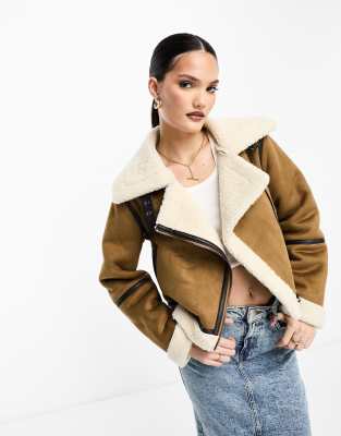 Stradivarius cropped aviator jacket with contrast piping in tan-Brown