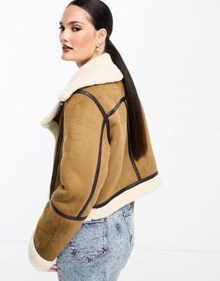 Stradivarius cropped aviator jacket with contrast piping in tan