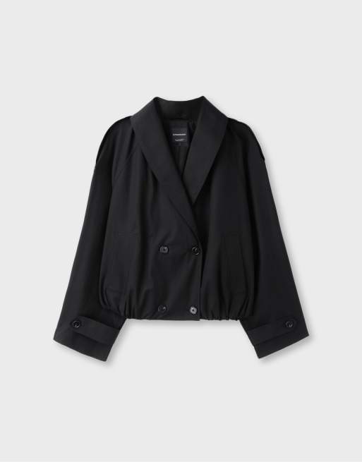 Stradivarius Cropped balloon trench coat with shawl collar in black, 6 of 7