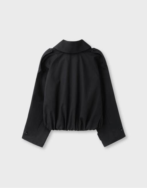 Stradivarius Cropped balloon trench coat with shawl collar in black, 7 of 7