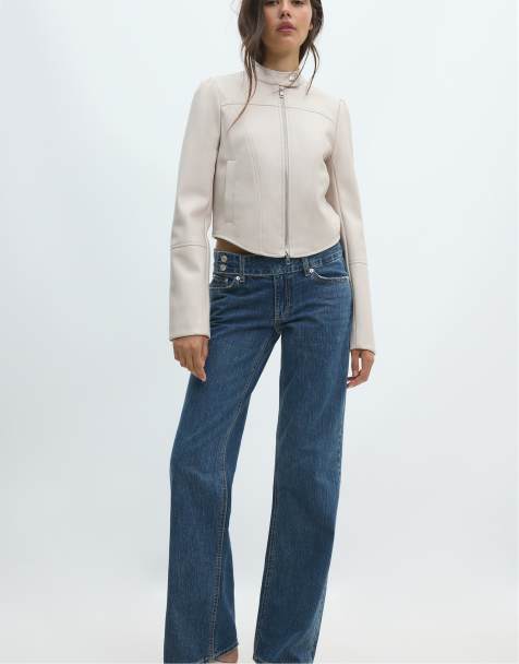 Stradivarius cropped bikerjakke i læderlook i ecru - view 1