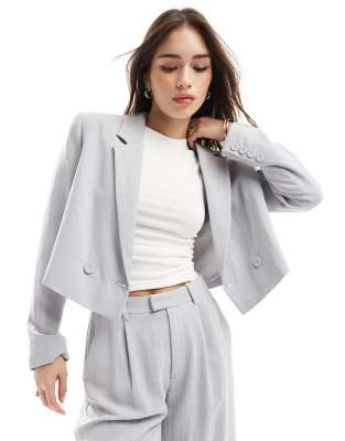 Stradivarius - Cropped Blazer in Grau mit Knitterstruktur, Kombiteil