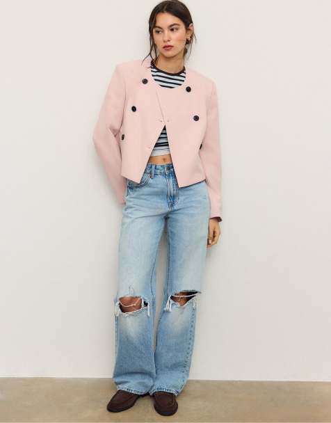 Stradivarius - Cropped blazer met ronde hals in pastelroze - view 1