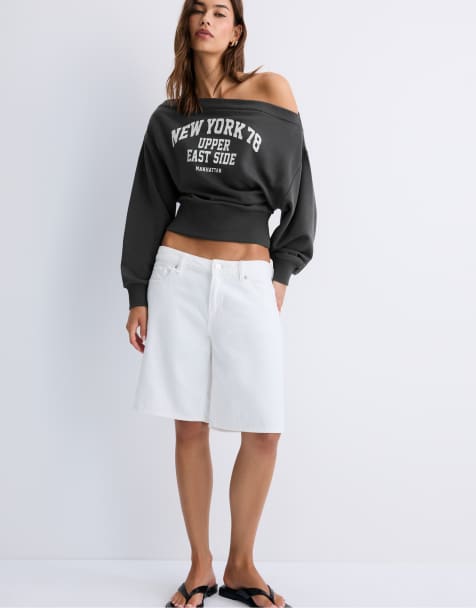 Stradivarius Cropped boat neck sweatshirt in dark grey - view 1