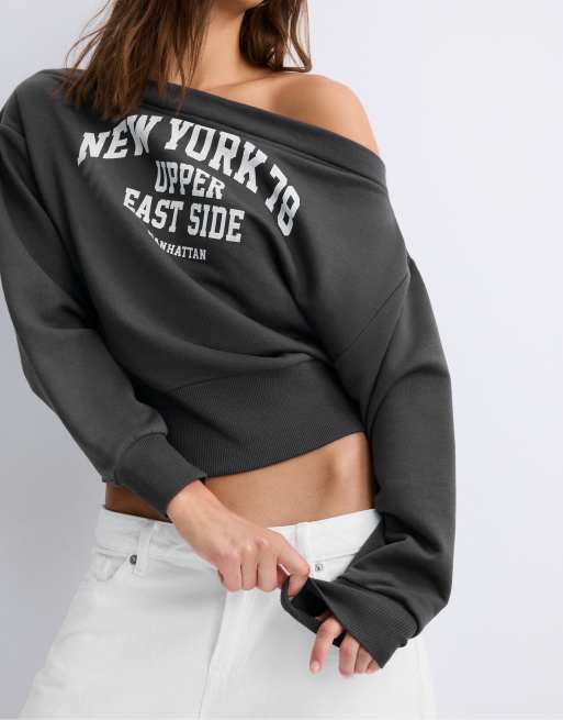 Stradivarius Cropped boat neck sweatshirt in dark grey, 4 of 7