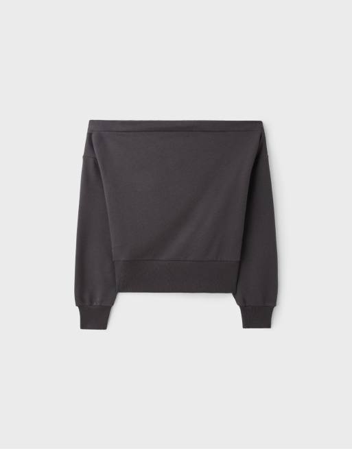 Stradivarius Cropped boat neck sweatshirt in dark grey, 7 of 7