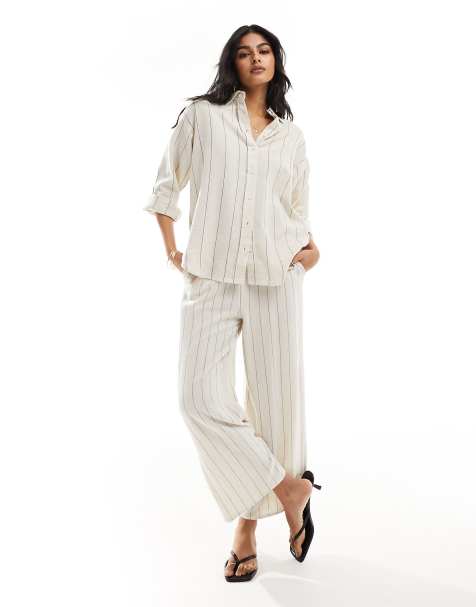 Stradivarius - Cropped broek met linnenlook en elastische taille in lichtbeige met strepen - view 1