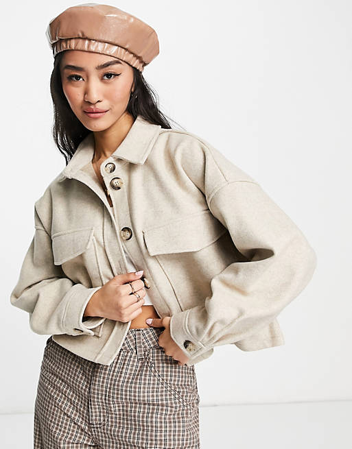 Tops Shirts & Blouses/Stradivarius cropped brushed overshirt in beige 