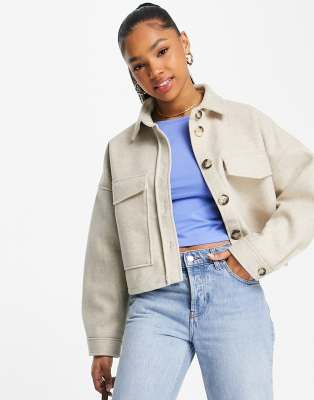 Stradivarius cropped brushed overshirt in beige