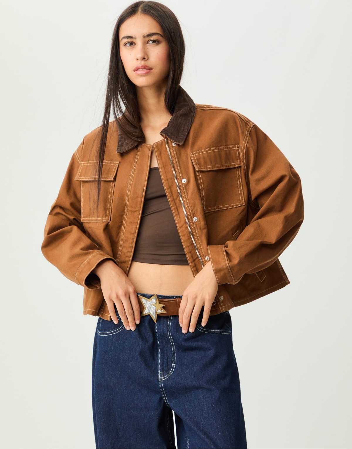 Stradivarius Cropped contrast jacket with pockets in pale camel