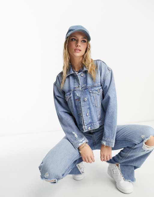 Hollister cropped denim jacket in mid wash blue