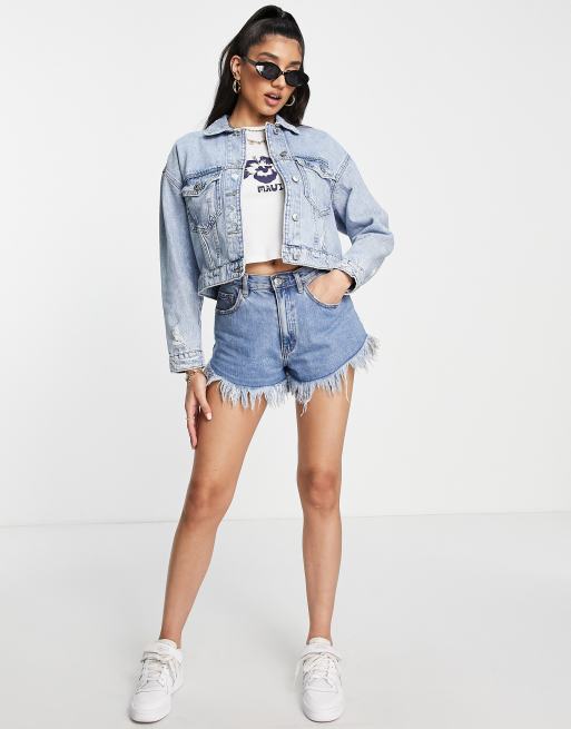 Stradivarius cropped denim jacket with rips in medium blue | ASOS