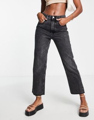 Stradivarius cotton cropped wide leg jean in black - BLACK