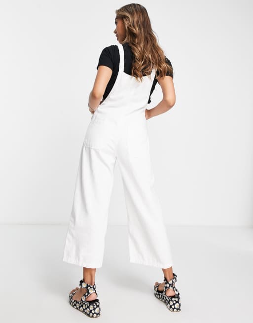 Stradivarius - Cropped denim tuinbroek met wijde pijpen in ecru, 2 van 4