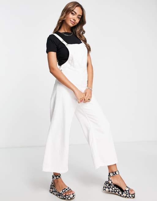 Stradivarius - Cropped denim tuinbroek met wijde pijpen in ecru, 4 van 4