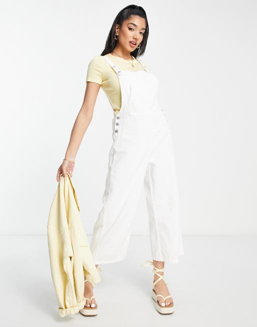 Stradivarius - Cropped denim tuinbroek met wijde pijpen in ecru