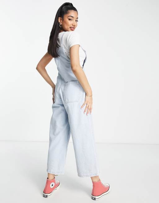 Stradivarius - Cropped denim tuinbroek met wijde pijpen in lichte wassing , 3 van 4