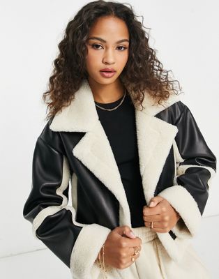 Stradivarius cropped faux leather aviator jacket with contrast trim in black