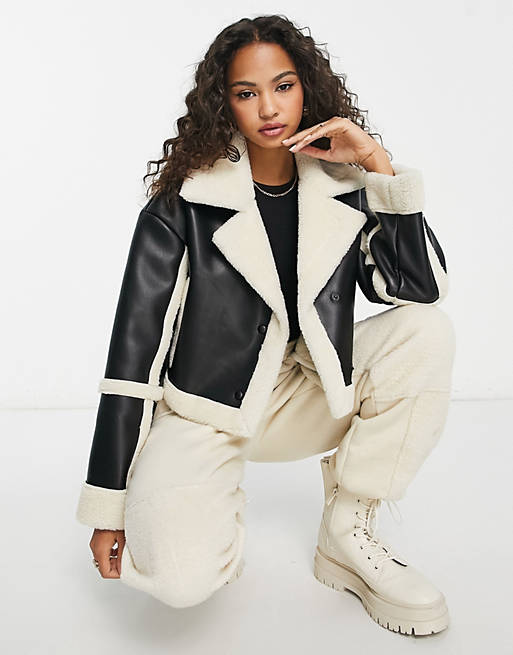 amplification sphere fiction Stradivarius cropped faux leather aviator jacket with contrast trim in  black | ASOS