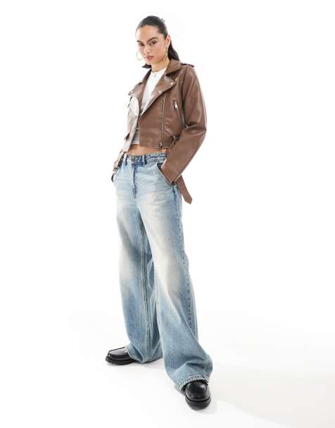 Stradivarius cropped faux leather jacket in brown - view 1
