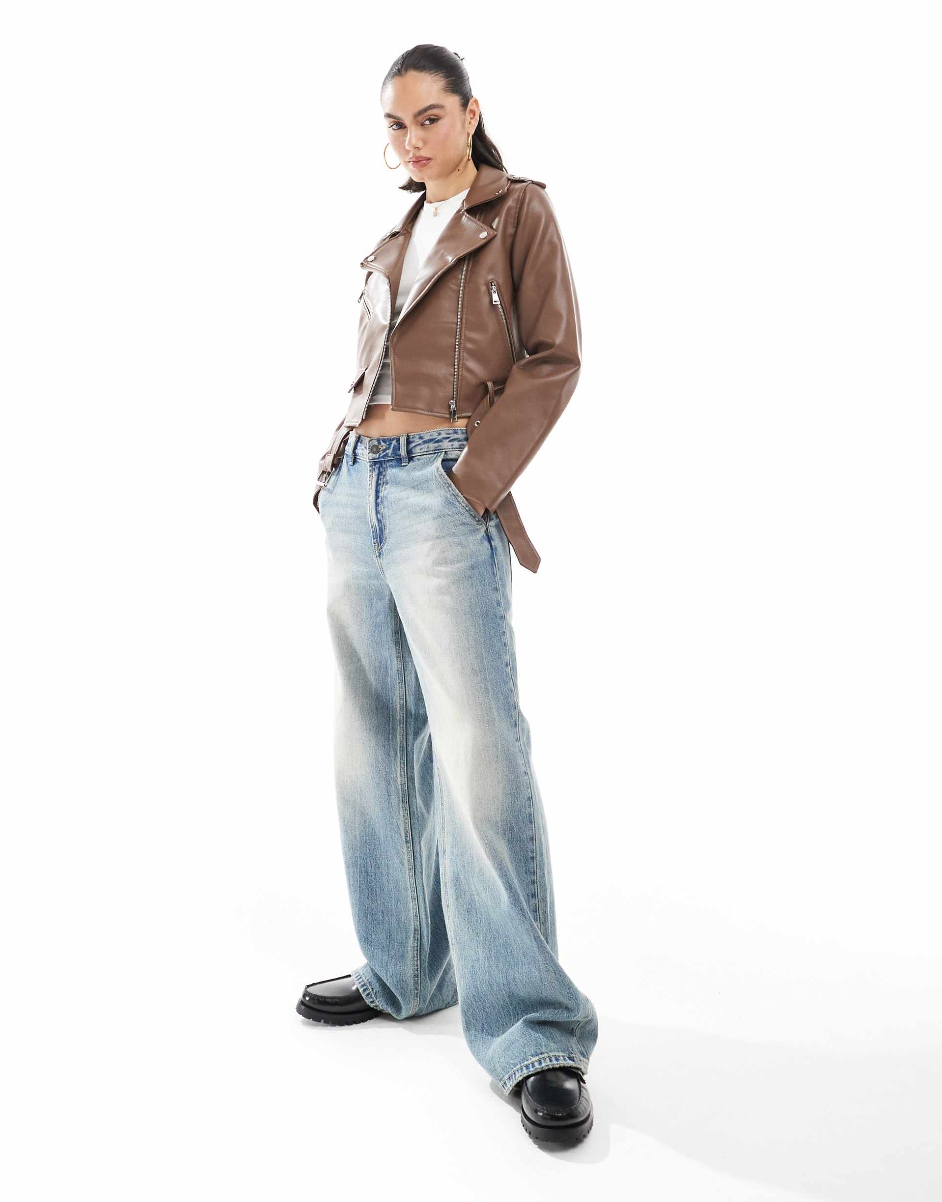 stradivarius cropped faux leather jacket in brown