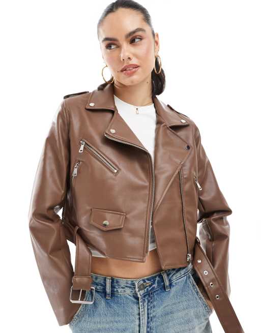Stradivarius cropped faux leather jacket in brown ASOS