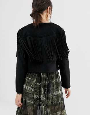 black faux suede fringe jacket