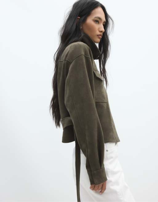 Stradivarius Cropped faux suede jacket in khaki, 2 of 7