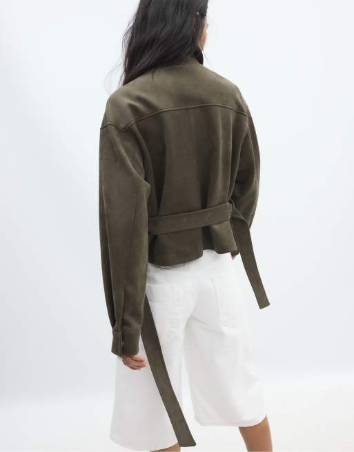 Stradivarius Cropped faux suede jacket in khaki, 3 of 7
