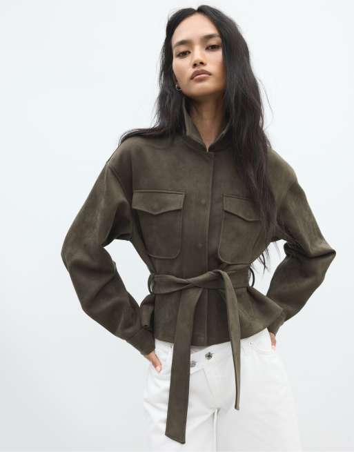 Stradivarius Cropped faux suede jacket in khaki, 5 of 7